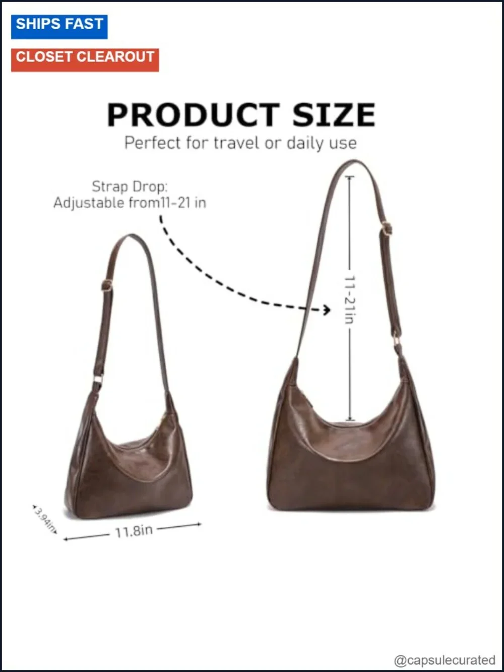 Foldable Vegan Leather Crossbody Hobo Bag Adjustable Straps Soft Slouchy Handbag
